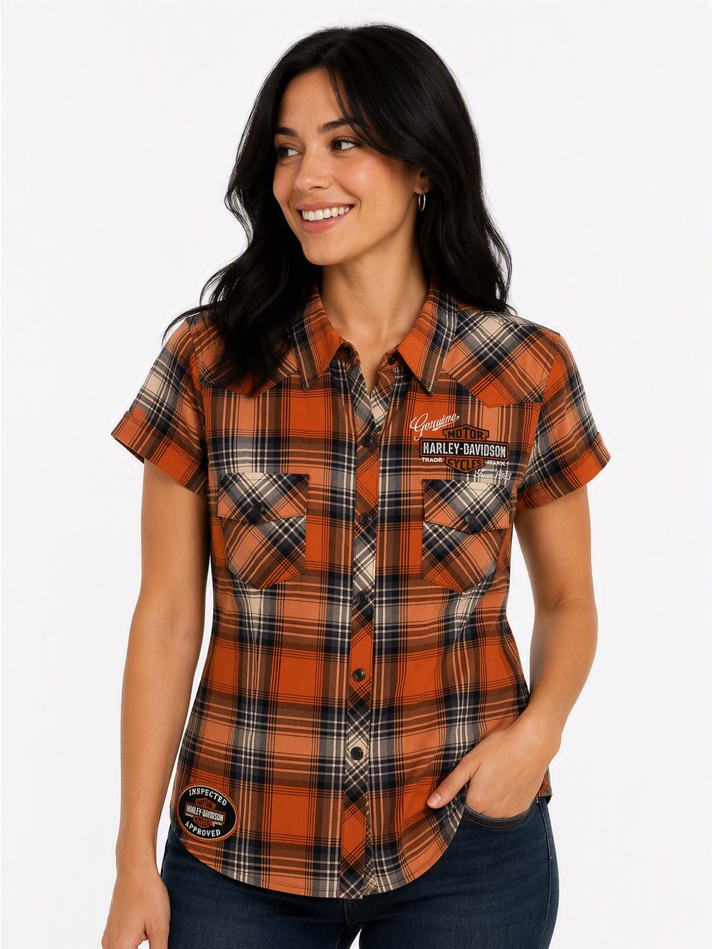 Harley-Davidson Orange and Black Plaid Short-Sleeve Button-Down Shirt